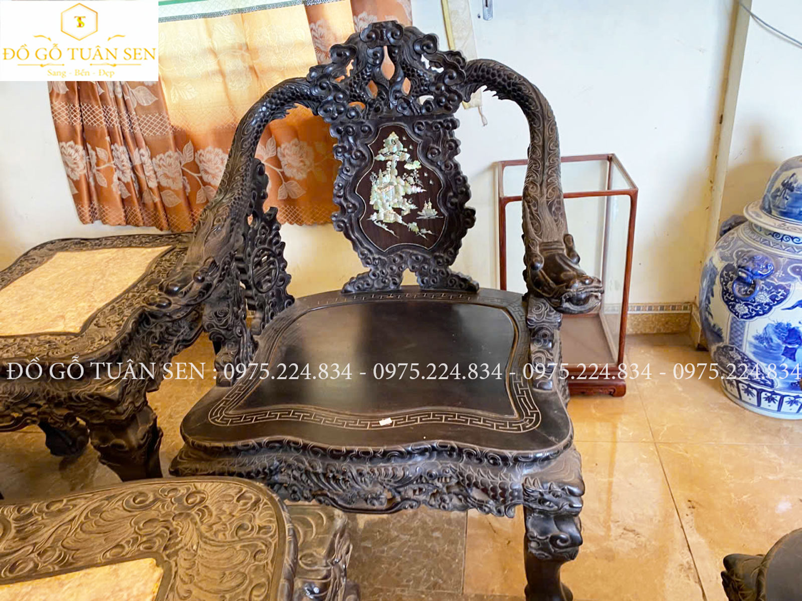 Hình ảnh bộ khánh rồng 10 món gỗ gụ khảm ốc